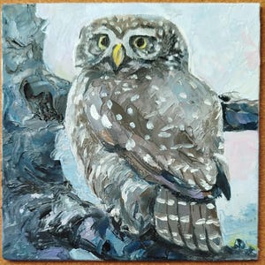 Owl  Painting Small Original Artwork Miniature Painting Owl Wall Art Gift for Bird Lover Unigue Artwork 6x6 Oil Painting by LilleArtBerg