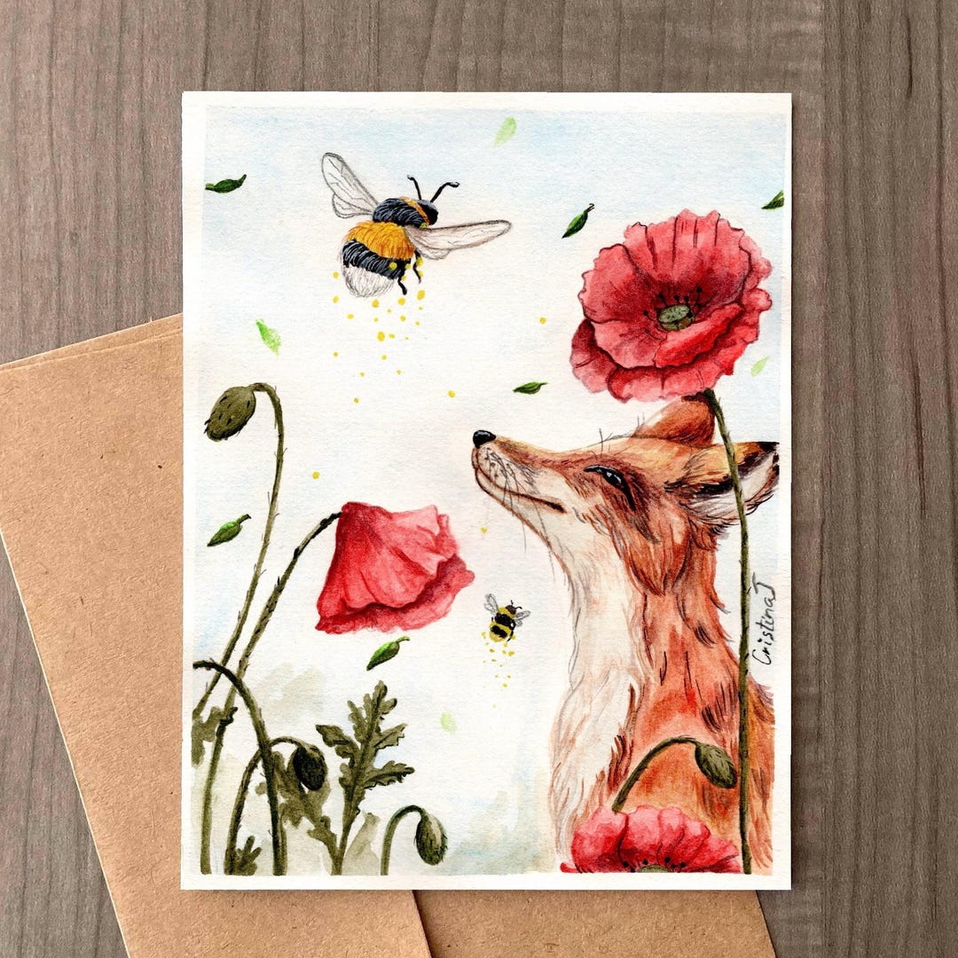 Poppy Post Card, Watercolor Animal Illustration, Hand-painted Post Card ...