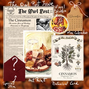 May include: A collection of stationery items including a newspaper titled The Owl Post, a circular vinyl sticker with cinnamon and orange slices, a December mini calendar, a watercolor art print of candles and spices, and a botanical card.