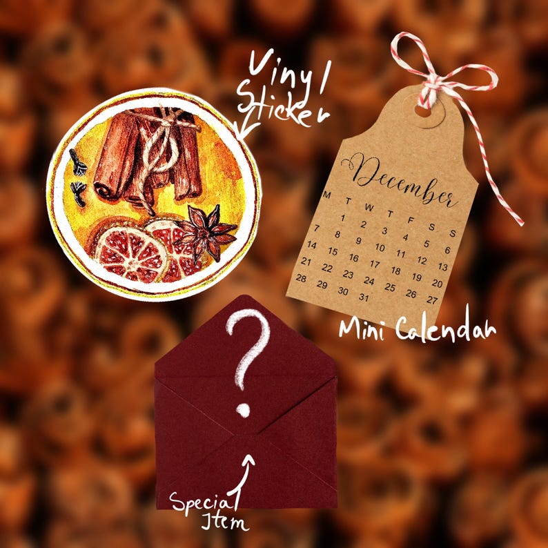 May include: A round vinyl sticker featuring a watercolor illustration of cinnamon sticks, orange slices, and star anise. A brown paper tag displays a December calendar with red and white twine. A dark red envelope features a white question mark.
