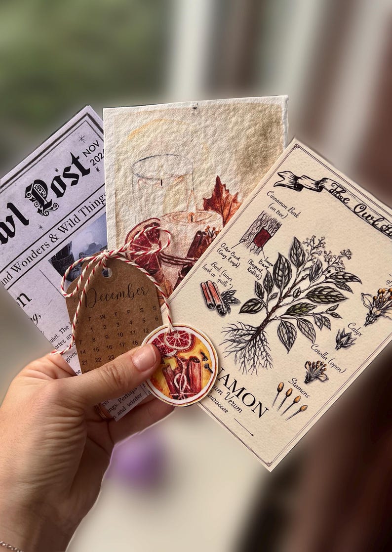 May include: A collection of printed paper cards including a botanical illustration of cinnamon labeled Cinnamomum Verum, a card with a candle and orange slice illustration, and a December calendar tag tied with red and white twine.