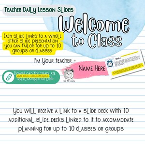 May include: A digital presentation template for teachers, with the text "Welcome to Class." The design includes a pink banner for a teacher's name, an alarm clock graphic, and instructions for downloading the template.