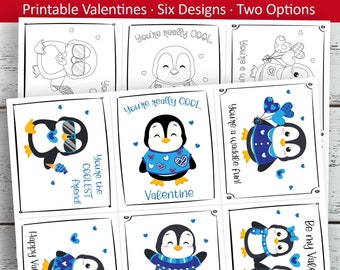 Penguin Valentine Cards: Kids Printable Valentines, Coloring Set (Digital Download)