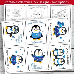 Penguin Valentine Set / San Valentín imprimible / Niños imprimibles San Valentín / Pingüinos de San Valentín / Tarjetas de San Valentín / San Valentín para colorear