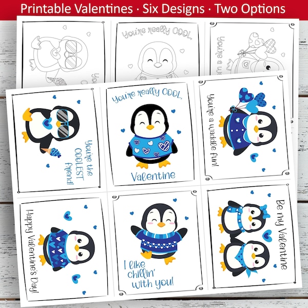 Penguin Valentine Set / Printable Valentines / Kids Printable Valentines / Valentine Penguins / Valentine Cards / Valentine Coloring