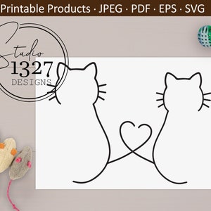 May include: Line art illustration of two cats facing each other with their tails intertwined to form a heart shape. The cats are outlined in black against a white background.