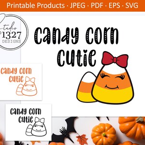 May include: A digital design featuring a cartoon candy corn with a red bow, eyelashes, and a smile. The text "candy corn cutie" is written in black above the candy corn.