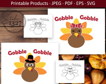 Thanksgiving Turkey Coloring Page: Gobble Gobble SVG, PDF, JPG (Digital Download)
