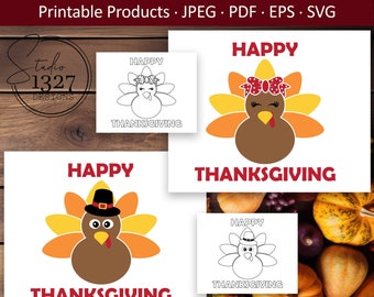 Happy Thanksgiving / Happy Thanksgiving SVG / Happy Thanksgiving Printable / Thanksgiving Coloring Page / Turkey Coloring Page / Turkey SVG