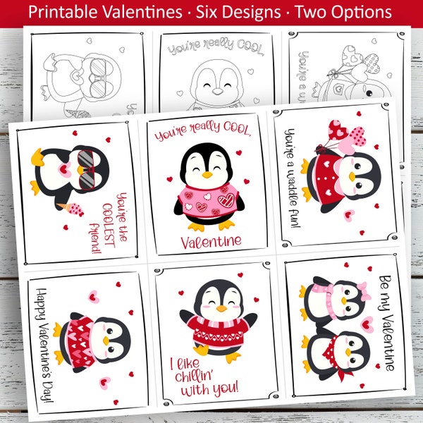 Penguin Valentine Set / Printable Valentines / Kids Printable Valentines / Valentine Penguins / Valentine Cards / Valentine Coloring