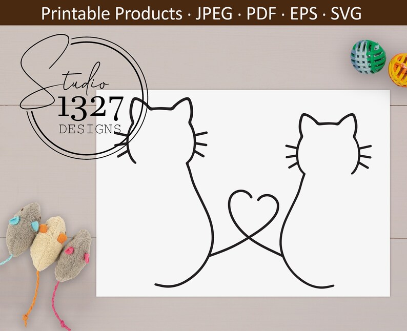 May include: Line art illustration of two cats facing each other with their tails intertwined to form a heart shape. The cats are outlined in black against a white background.
