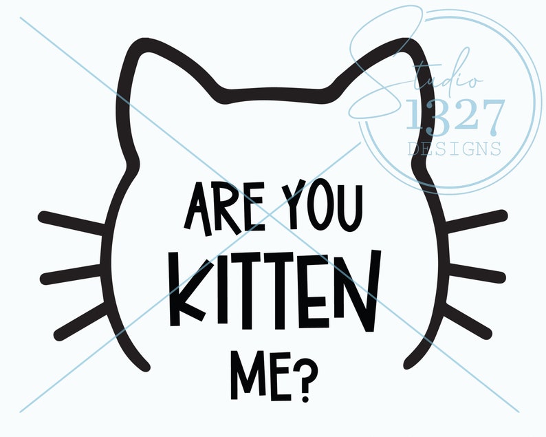 May include: Black and white graphic design of a cat's face with the text "Are you kitten me?"