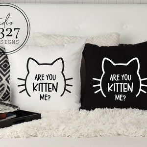 May include: Two decorative throw pillows with black and white cat silhouettes and the text "Are you kitten me?" on a white background and a black background.
