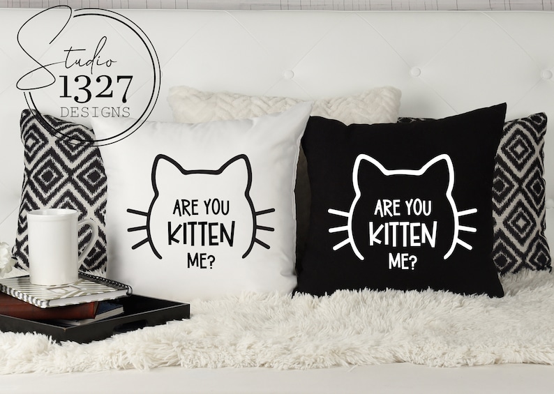 May include: Two decorative throw pillows with black and white cat silhouettes and the text "Are you kitten me?" on a white background and a black background.