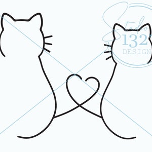 May include: A black and white line drawing of two cats facing each other with their tails intertwined to form a heart shape.