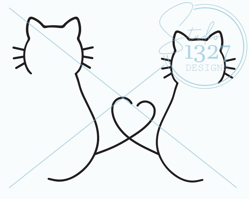 May include: A black and white line drawing of two cats facing each other with their tails intertwined to form a heart shape.