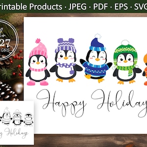 Felices Fiestas SVG / Felices Fiestas Pingüinos / Pingüinos SVG / Navidad SVG / Navidad Imprimible / Página para colorear de Navidad / Tarjeta de Navidad