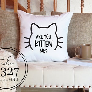 May include: White throw pillow with black text that reads "Are you kitten me?" with a black outline of a cat's head.