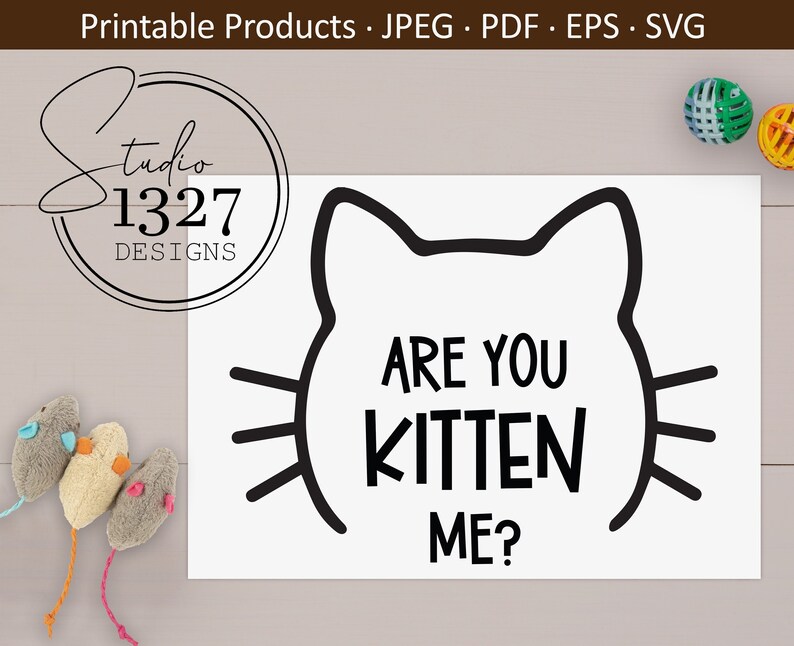May include: A white card with a black cat outline and the text "Are you kitten me?" in black lettering.