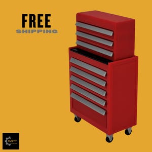 May include: A red tool chest with silver drawer pulls and wheels. The tool chest is composed of two stacked units, one with six drawers and the other with four. The words "FREE SHIPPING" are in the upper left corner.