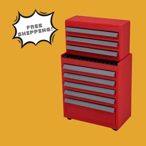May include: A red miniature tool chest with multiple drawers and silver drawer pulls. The tool chest is on a yellow background. A white speech bubble with the words "FREE SHIPPING!" is in the upper left corner.