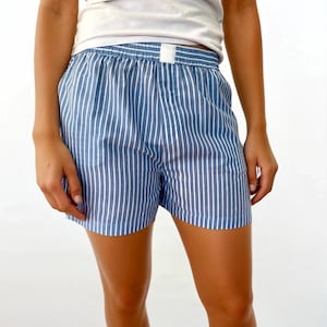 Organic Cotton Boxer Shorts | White Blue Striped Pyjama Shorts | Handmade Eco Loungewear | Sustainable Gift for Her | Coastal Sleepwear