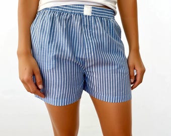 Organic Cotton Boxer Shorts Women – Hand Block Print Blue Stripe | Luxury Loungewear, Ribbon-Tied Gift