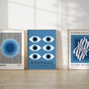 Bauhaus Gallery Wall Art Set of 3, Blue Matisse Print, Bauhaus Exhibition Poster, Geometric Shapes Wall Art, Minimalistic Poster