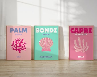 Travel Poster Set of 3 Prints, Palm Bondi Capri, Gallery Preppy Wall Art, Travel Poster, Dorm Room Poster, Printable Wall Art Y2K