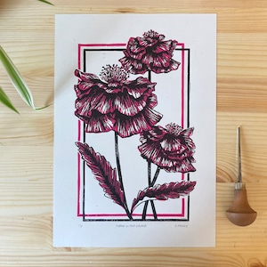 Poppies in Pink and Black | Original Lino Print