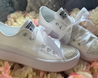 Wedding Platform Converse Bridal Bridesmaid Prom Sparkly Bling Diamond Rhinestone Bedazzled Crystal Personalised Low White Trainers Womens