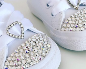 Kids Sparkly Bling Custom Converse • Crystal Bedazzled with Rhinestone Heart Charm & Ribbon • Personalised Low Top Trainers Girls Youth 11-2