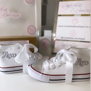 Kids Sparkly Bling Personalised Name Custom Converse Crystal Bedazzled Rhinestone High Top Trainers Girls Youth 11-2