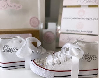 Kids Sparkly Bling Personalised Name Custom Converse Crystal Bedazzled Rhinestone High Top Trainers Girls Youth 11-2
