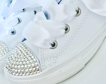 Kids Sparkly Converse Low Top Bling Diamond Rhinestone Crystal Bedazzled Jeweled Custom Name Bridesmaid Girls Gift All Colours Youth 11-2