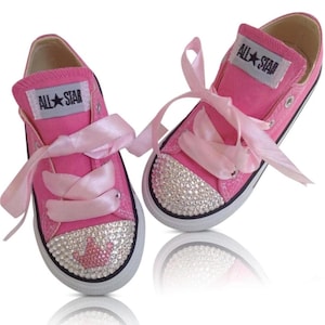 Kids Pink Custom Sparkly Converse with Ribbon • Crystal Rhinestone with Bling Crown Design • Low Top Trainers Baby Girls Infant Toddler 2-10
