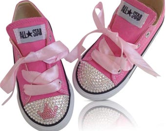 Kids Pink Custom Sparkly Converse with Ribbon • Crystal Rhinestone with Bling Crown Design • Low Top Trainers Baby Girls Infant Toddler 2-10