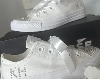 Wedding Converse Bridal Bridesmaid Prom Sparkly Bling Diamond Rhinestone Bedazzled Crystal Personalised Custom Low White Womens Girls Shoes