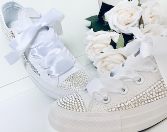 Wedding Converse Bridal Bridesmaid Prom Custom Full Bling Extra Sparkly Rhinestone Crystal Bedazzled Personalised Low White Trainers Womens