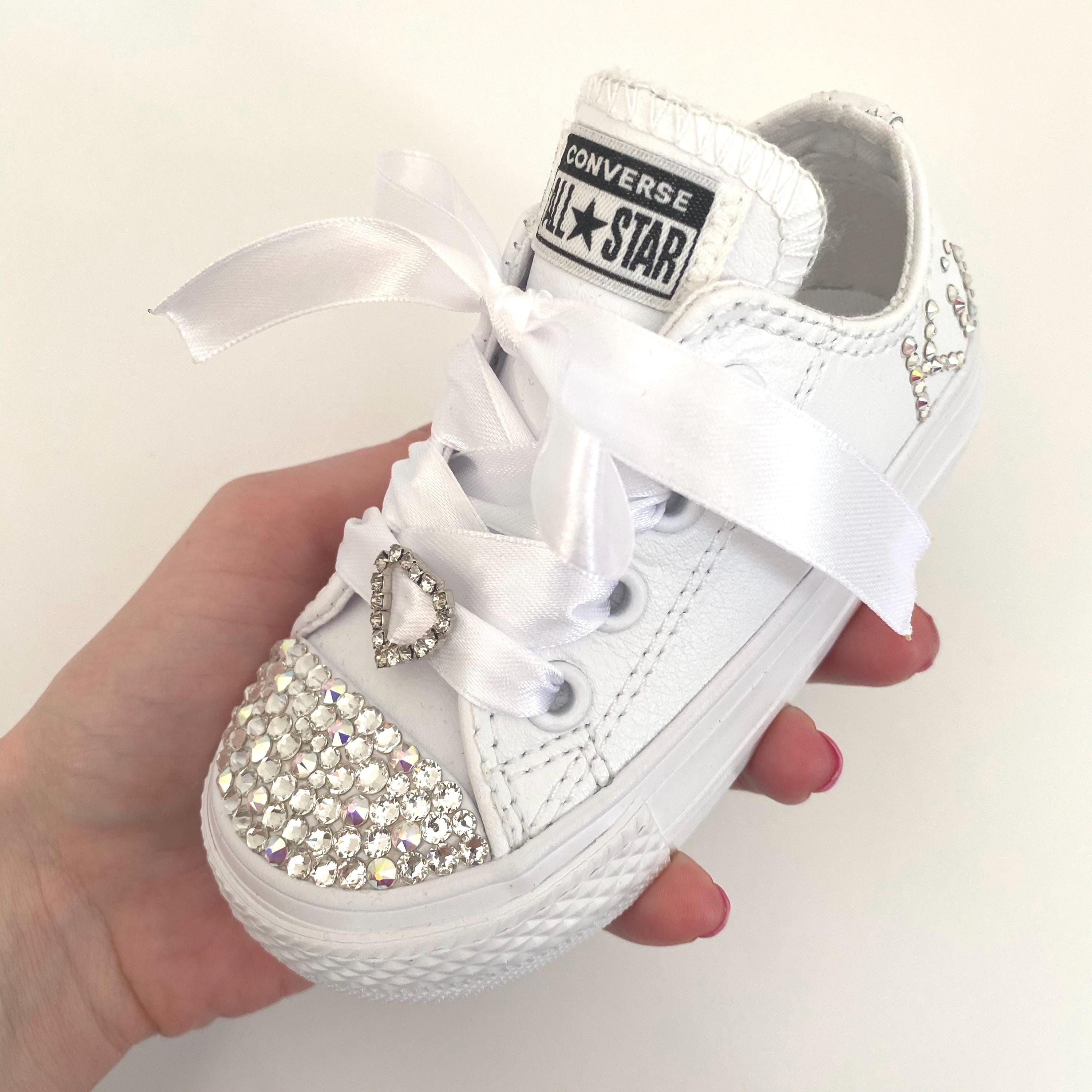 Girls Bling Crystal Custom Converse • Bedazzled with Rhinestone Heart Charm & Ribbon • Low Top Sparkly Trainers for Kids Toddler Infant 2-10