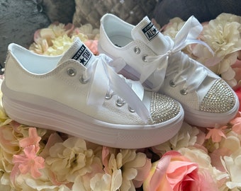 Wedding Sparkly PLATFORM Converse All White Bling Rhinestone Crystal Bridal Bride Personalised (Adults sizes)