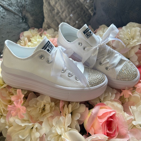 Wedding Sparkly PLATFORM Converse All White Bling Rhinestone Crystal Bridal Bride Personalised (Adults sizes)