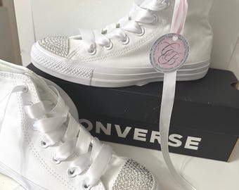 Wedding Converse Bridal Bridesmaid Prom Crystal Diamond Bling Sparkly Rhinestone Jeweled Personalise Bedazzled White High Top Shoes Womens