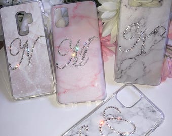Initial Marble Crystal Diamond Bling Rhinestone Bedazzled Pretty Girly Custom Personalised iPhone Case Cover 16/15/14/13/12/11 Pro Max Gift