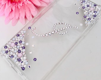 Personalised iPhone Case • Crystal Clear Sparkly Initials • Bling Rhinestone Bedazzled Gem Custom Cover • 16/15/14/13/12/11/XR Plus Pro Max