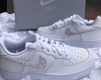 Kids Sparkly Bling Nike Air Force 1 Crystal Diamond Bedazzled Rhinestone Custom Wedding Girls Bridesmaid Jeweled Trainers Youth 13.5-3 Gift
