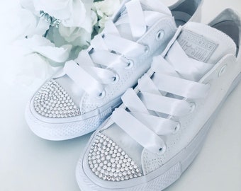 Wedding Sparkly Converse All White Bling Rhinestone Crystal Bridal Bride Personalised (Adults sizes)