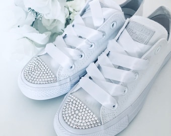 Wedding Sparkly Converse All White Bling Rhinestone Crystal Bridal Bride Personalised (Adults sizes)