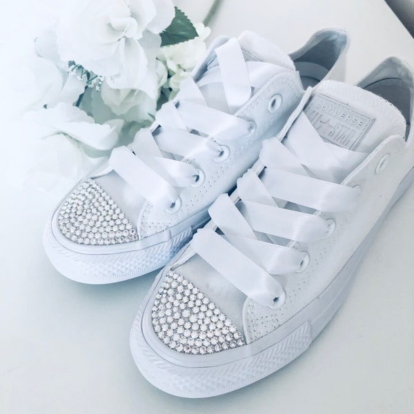 Wedding Sparkly Converse All White Bling Rhinestone Crystal Bridal Bride Personalised (Adults sizes)