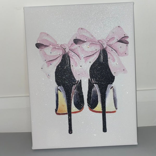 Glitter Wall Art Fashion Pink Black Heels Design Print ONLY Gift Swarovski Crystals